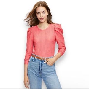 LOFT Puff Shoulder Long Sleeve Crewneck Blouse Coral Women’s M